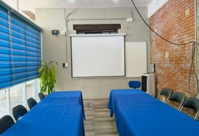 Presentation room at AGBHUB with blue tables, a projector screen, and a rustic brick wall.