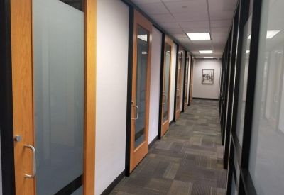 Brightly lit office hallway with light wood-framed glass doors and neutral carpeting.