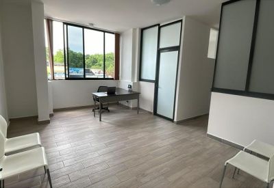 Light-filled private office with a desk and white visitor seating.