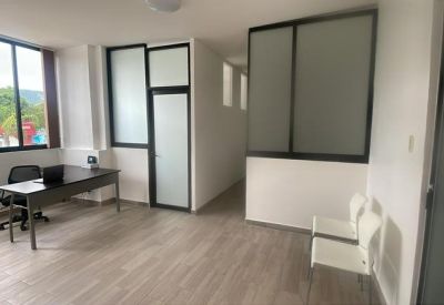 Minimalist office suite with a workspace and frosted glass partition.