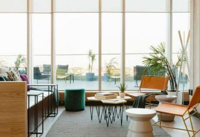 Bright sunlit lounge area with leather chairs, greenery, and large windows overlooking a terrace.