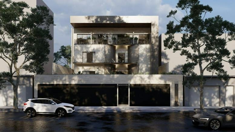 Exterior view of the modern stone building at Colonia Lomas de Chapultepec, Prado Norte 612.