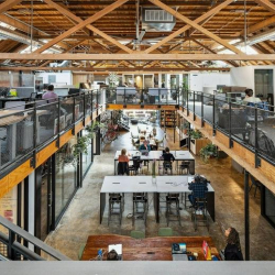 Spacious open-plan office with high timber ceilings and a mezzanine level.