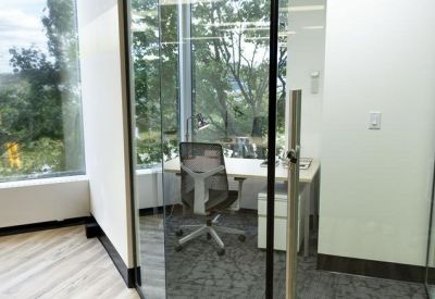 Bright private office with a white desk and view of greenery through glass partitions.
