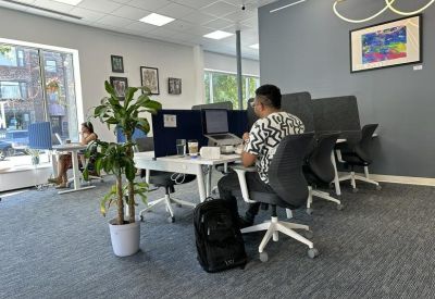 Bright coworking area with dedicated desks and a large potted plant.