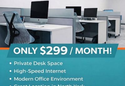 Promotional flyer for desk rentals at 1275, Finch Avenue West featuring a modern workstation with an ergonomic chair.