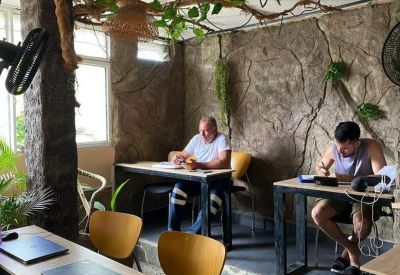 Workspace with rustic stone walls, tropical plants, and individuals focused at individual desks.