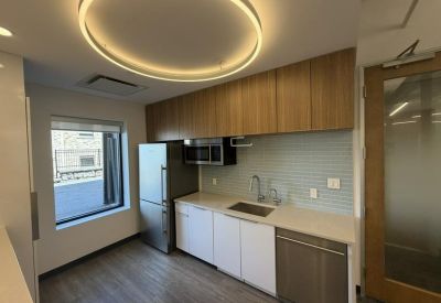 Modern kitchen with wooden cabinetry, stainless steel appliances, and a circular halo light.