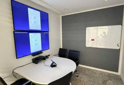Small meeting room with a round table, dual wall-mounted screens, and a whiteboard.