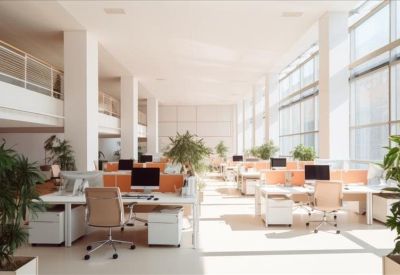 Sun-drenched coworking space with white workstations and indoor greenery.