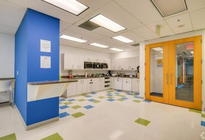 Breakroom kitchen with white cabinetry and a blue feature wall.