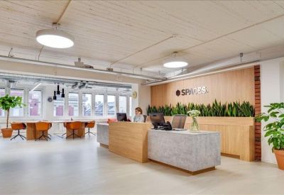 Modern reception desk with wood paneling and indoor greenery.