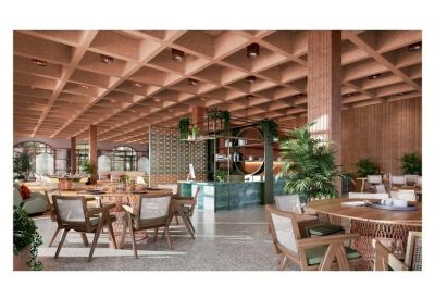 Spacious communal lounge with diverse seating options and a coffered timber ceiling.