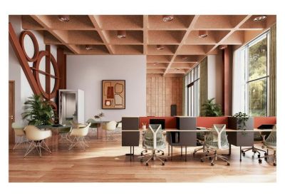 Contemporary open-plan office with ergonomic chairs and timber ceiling detail.