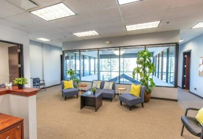 Bright communal lounge with blue armchairs, yellow pillows, and indoor plants.