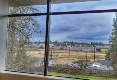 View from an office window overlooking a flat green landscape under a cloudy sky.