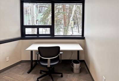 Private workstation with a large window and snowy forest views.