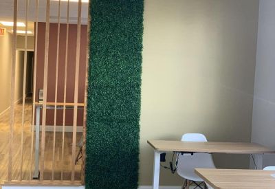 Modern privacy divider with a vibrant green moss feature wall.
