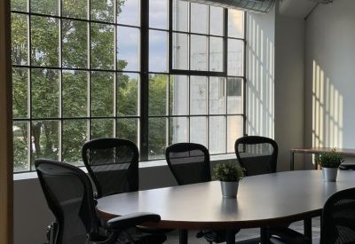Sunlit meeting room with a large oval table and black mesh chairs by a grid window.