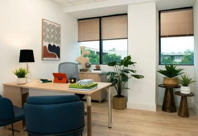 Private office featuring a wood desk, blue armchairs, and lush potted plants.