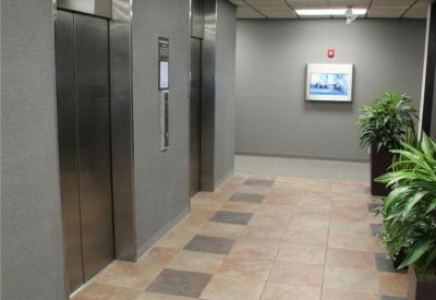 Building lobby with sleek elevators and vibrant indoor greenery.