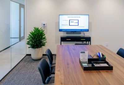 Contemporary meeting room with a large wooden table, wall-mounted screen, and a large potted plant.