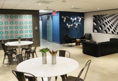Bright communal lounge and breakout area with cafe tables and a navy blue feature wall.