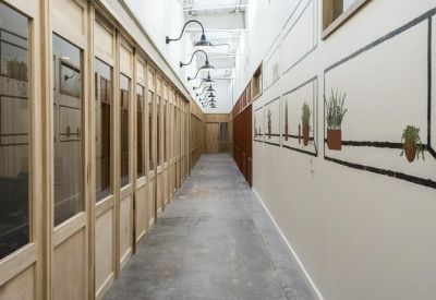 Bright hallway with light wood-framed glass partitions and minimalist plant illustrations on the wall.