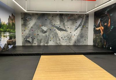 Indoor bouldering and rock climbing wall with safety mats and nature-themed wall murals.
