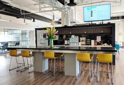 Spacious communal kitchen and breakout area with a long bar and yellow stools.