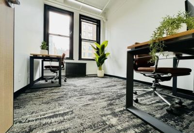 Private office suite with large windows, indoor plants, and grey patterned carpeting.