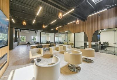 Modern lounge with circular armchairs and wood-slat feature walls.