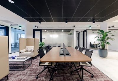 Modern coworking area with a long wooden desk, black chairs, and a tall potted plant under a black ceiling.