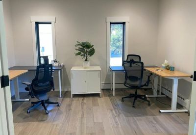Private office suite featuring two desks with ergonomic chairs and a central storage cabinet.