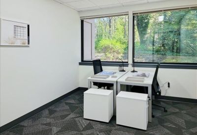 Private office with two white desks and large windows overlooking lush greenery.