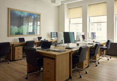 Bright open-plan office with light wood desks, ergonomic chairs, and large windows.