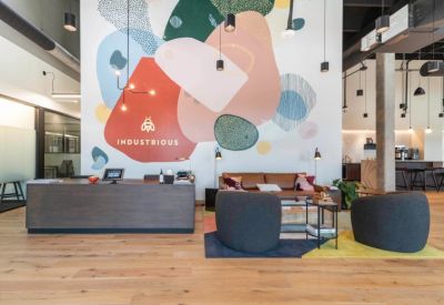 Reception area with a large abstract mural and wooden front desk.