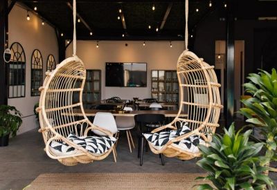 Indoor breakout area with wicker egg swings, a large rug, and potted plants.