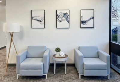Reception waiting area featuring two light-blue armchairs and abstract wall art.