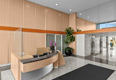 Modern reception desk with wood paneling, a large plant, and glass partitions.