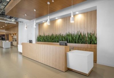 Reception desk with light wood paneling and a vertical indoor garden.
