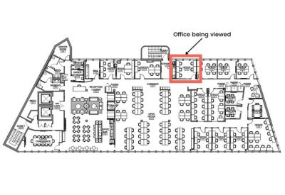 Floor plan highlighting a specific office suite within the layout.