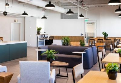 Bright open-plan communal lounge and dining area with modern furniture and indoor plants.