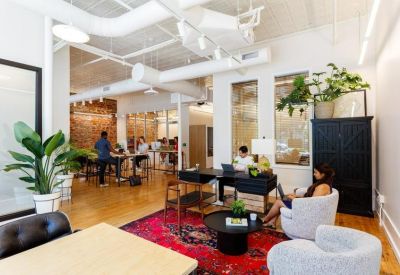 Bright common area with lounge seating, a pink area rug, and indoor plants.