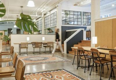 Modern open-plan office with multiple workstations and patterned area rugs.