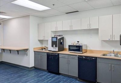 Modern office kitchen with grey cabinetry, dual sinks, and coffee equipment.