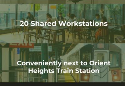 Split-view graphic showing private offices, shared workstations, and the nearby train station.
