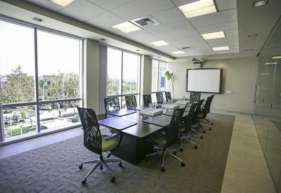 Spacious boardroom with a large dark wood table, mesh chairs, and floor-to-ceiling windows.
