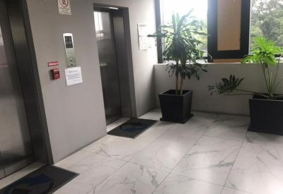 Elevator landing with marble floors and large potted plants by a window.