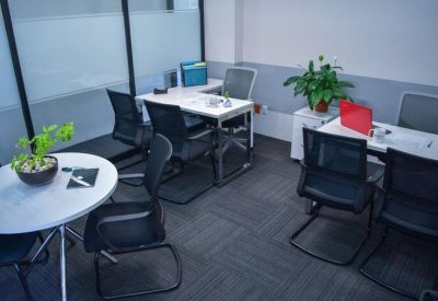 Shared office space with white desks, black chairs, and a small potted plant.